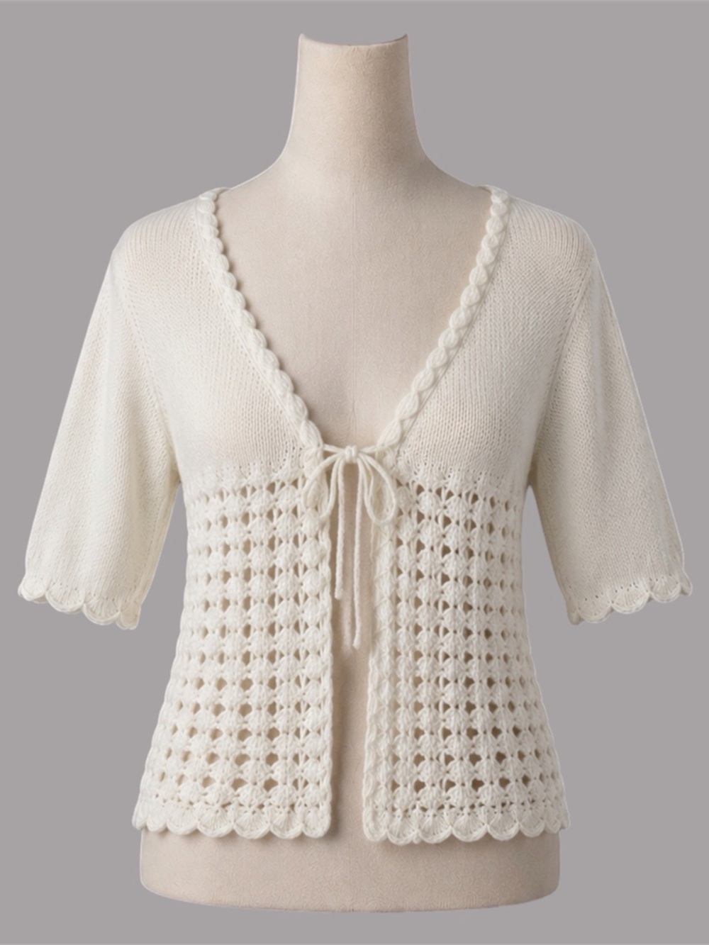 Ann Taylor Loft Cream Crochet Knit Tie Front Top